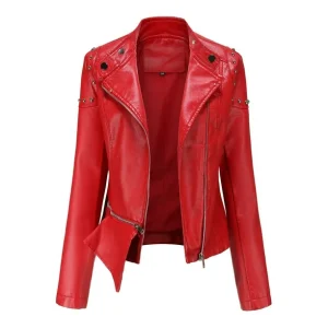 Chaqueta delgada de cuero con cuello levantado y cremallera
