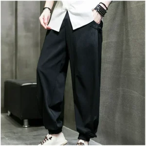 Pantalones de algodón y lino de cintura media con cordones