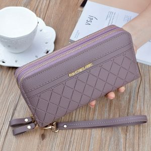 Cartera con doble cremallera, bolso de mano de cuero